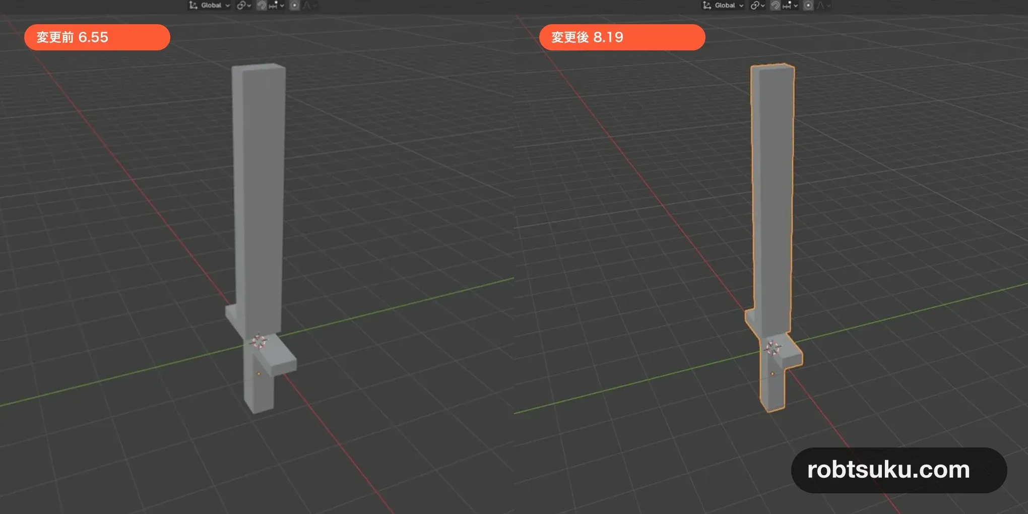 Blenderで剣の長さを6.55から8.19へ変更した前後比較