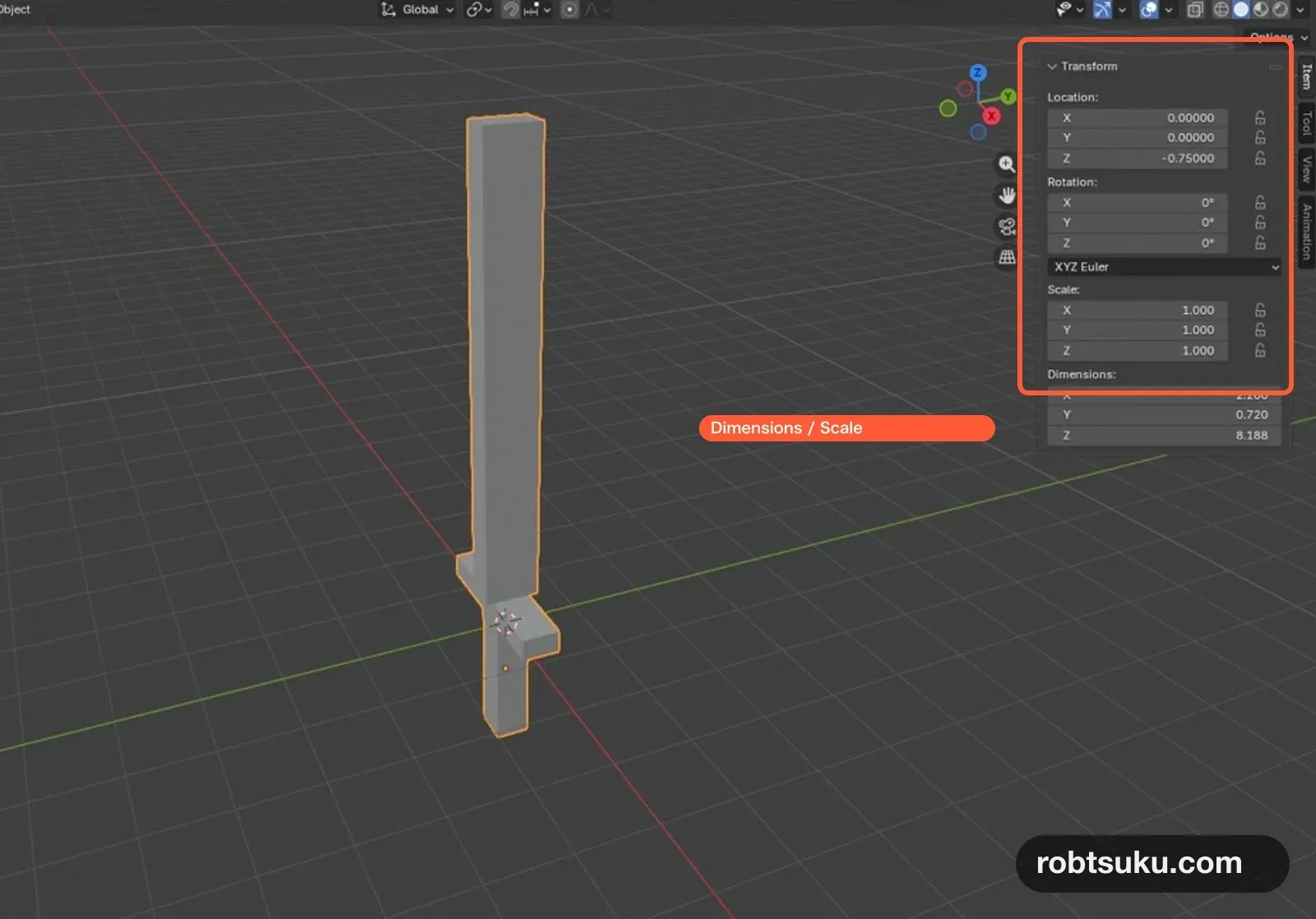 長くしたHandleのDimensionsが8.188、Scaleが1、1、1になったBlender画面
