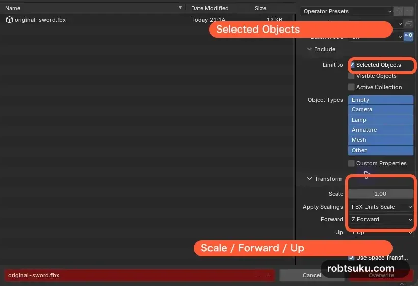 BlenderのFBX出力で選択物、Scale、Forward、Upを設定した画面
