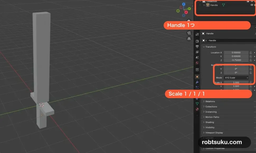 blade、guard、gripを結合し、1つのHandle meshにしたBlender画面
