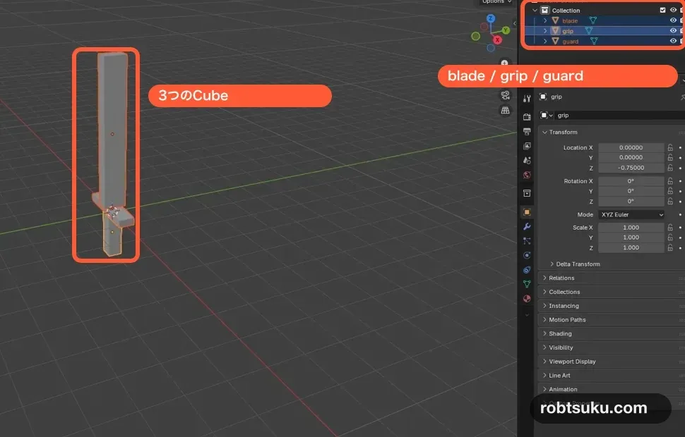 3つのCubeをblade、guard、gripへ変形して剣の形にしたBlender画面