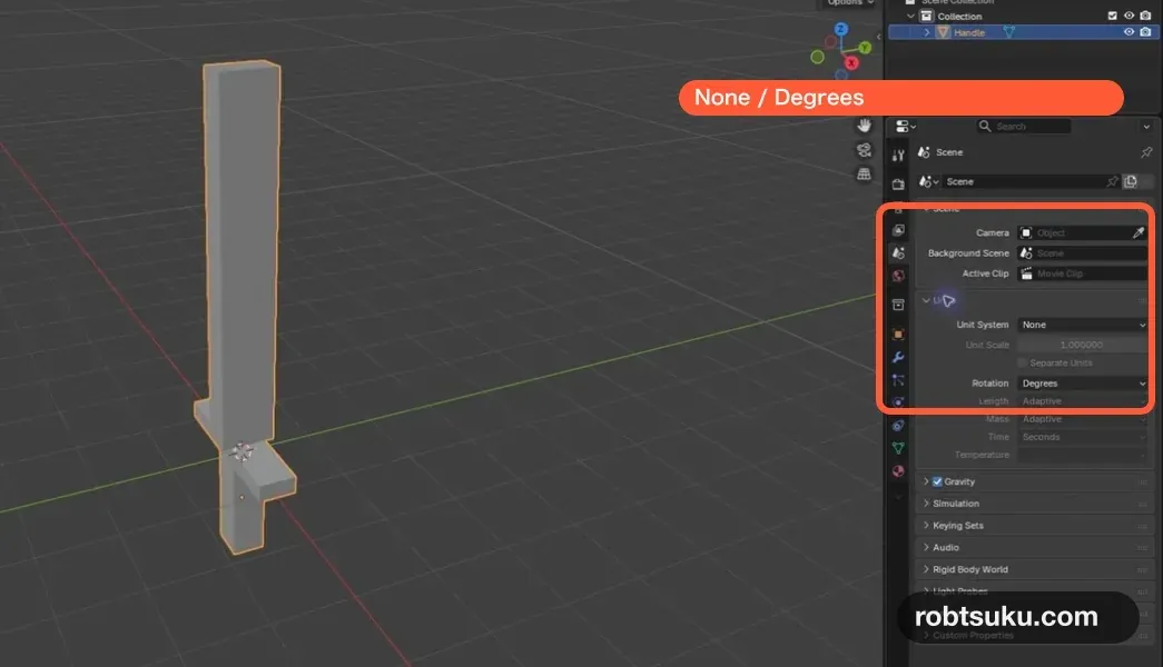 BlenderのUnit SystemをNone、RotationをDegreesにしたScene Properties