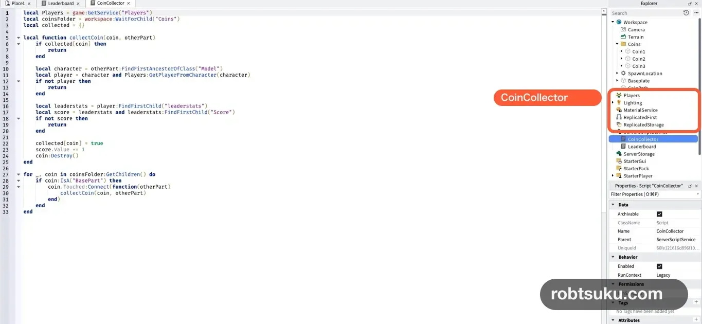 CoinCollector under ServerScriptService with the three-coin code open