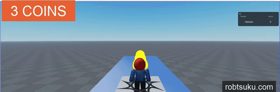 The character walks through three coins as each disappears and Score rises from 0 to 3