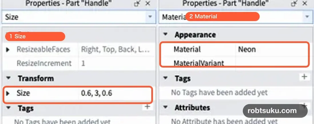 HandleのSizeを0.6, 3, 0.6、MaterialをNeonにしたProperties