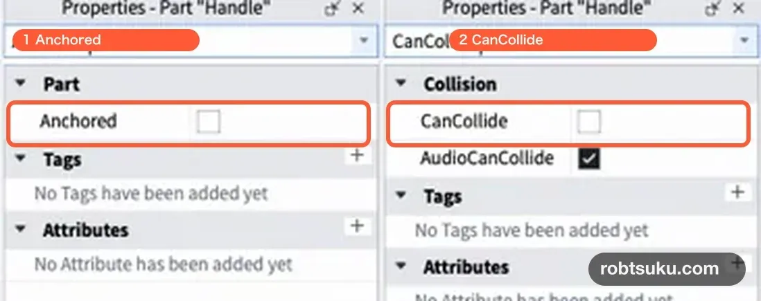 HandleのAnchoredとCanCollideをオフにしたProperties