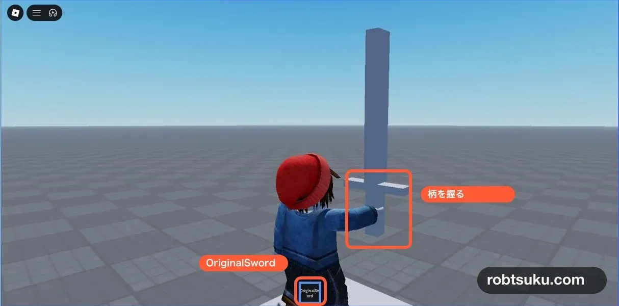 Blenderで作った剣をOriginalSwordとして装備したRoblox Studio画面