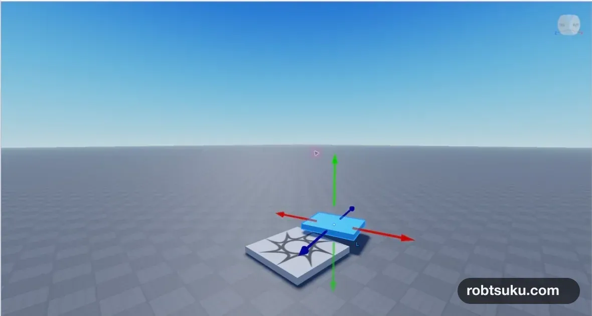 Baseplateの上に青いFirstPlatformを置いたRoblox Studioの3D画面