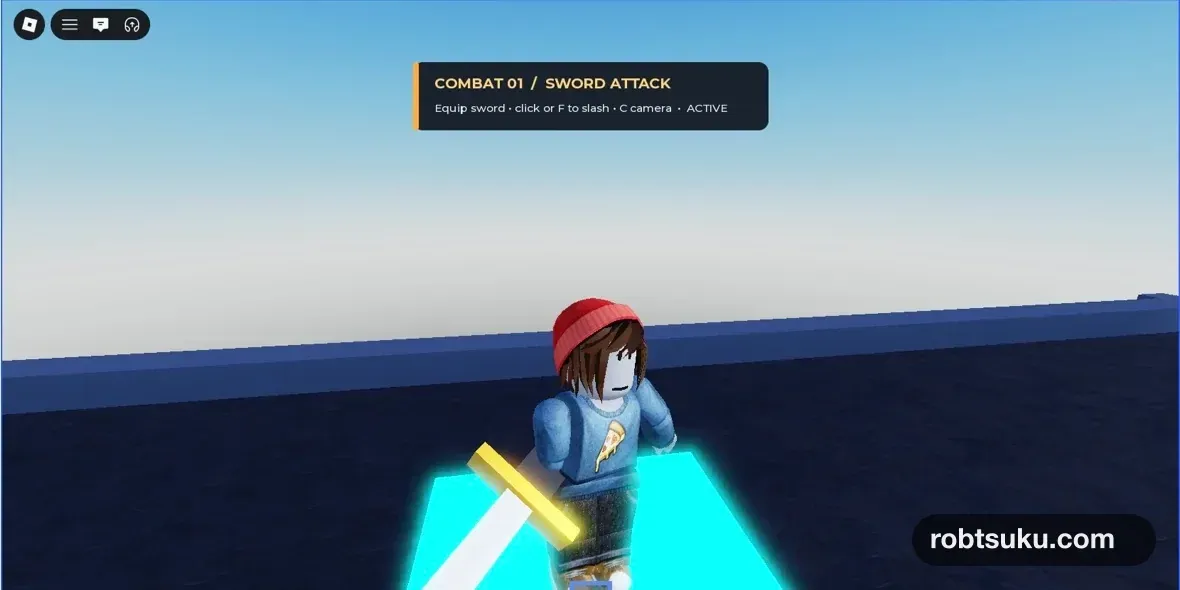 Roblox StudioのPlay画面で剣を身体の正面へ斜めに振り抜くR15 avatar