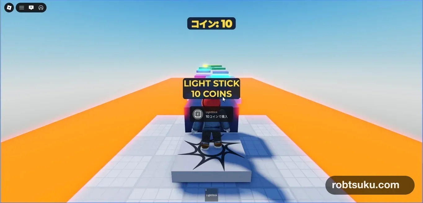 An on-screen coin counter showing 10 after a shop purchase in a Roblox Studio playtest