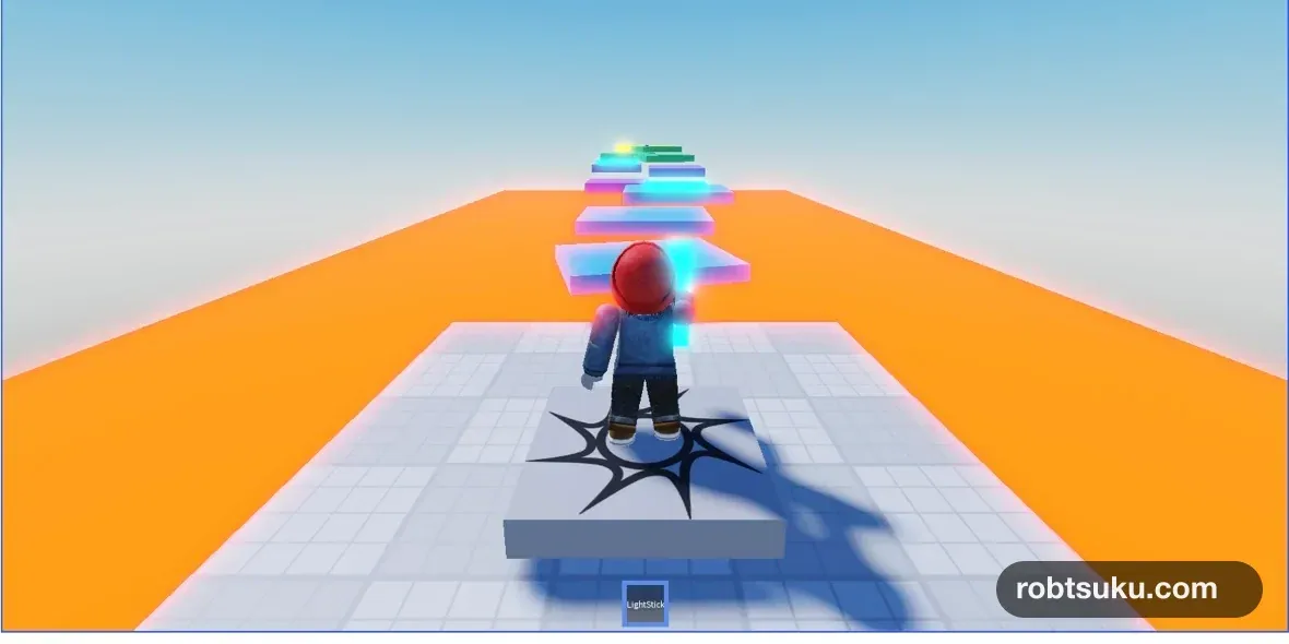 ホットバーのLightStickを選び、キャラクターが青い棒を右手に持ったStudio画面