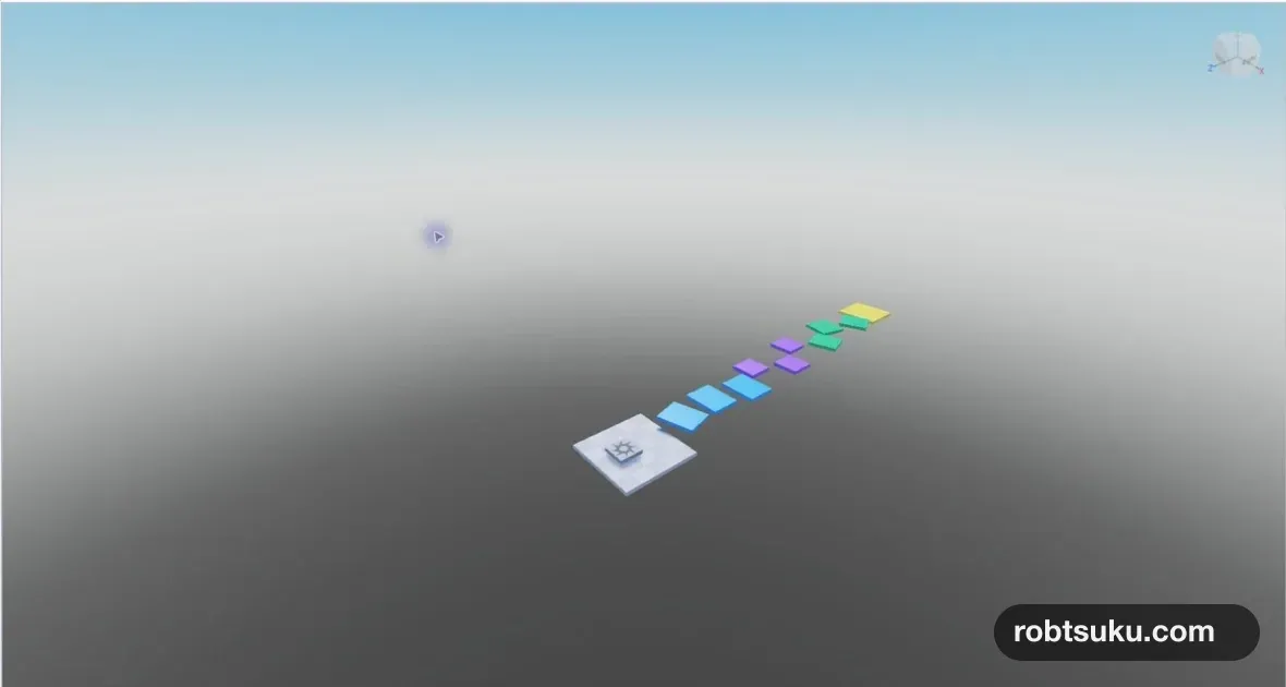 青・紫・緑の3ステージと黄色い仮ゴールを並べたRoblox Studioのコース全体