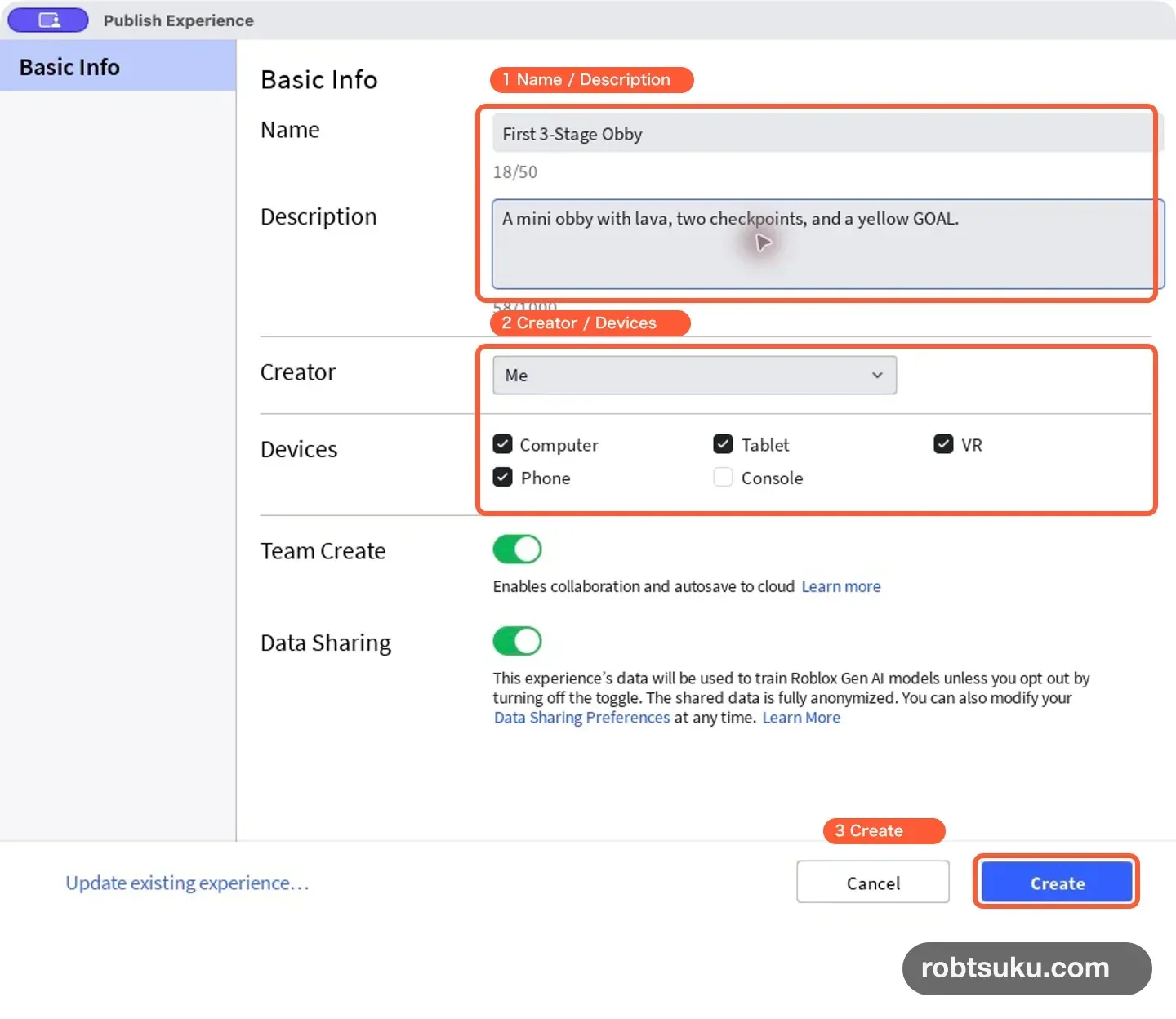 Publish ExperienceでName、Description、Creator、Devices、Createを示した画面