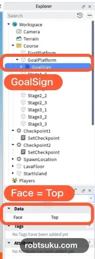 GoalPlatformの子になったGoalSignとFaceがTopのProperties