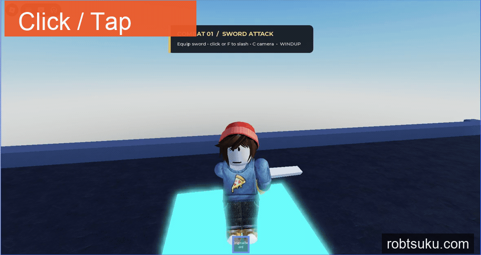 実際のPlayで剣を頭上へ引き、身体の正面を斜めに振り抜いて構えへ戻る動き
