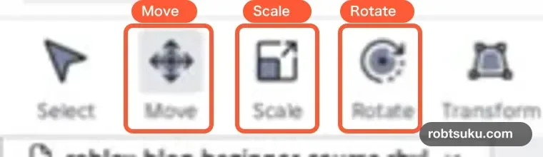 上部ツールバーでMove、Scale、Rotateの3つのボタンをオレンジの枠で示した画面