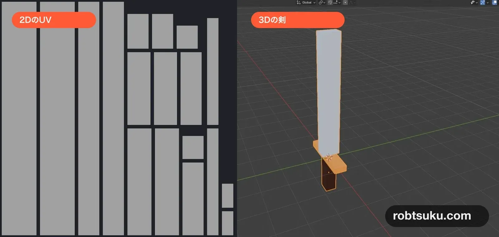 Smart UV Projectで広げた2Dの面と3Dの剣の対応
