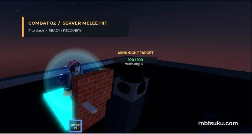 プレイヤーとtargetの間を壁で遮り、攻撃後もHP 100のままになったPlay画面